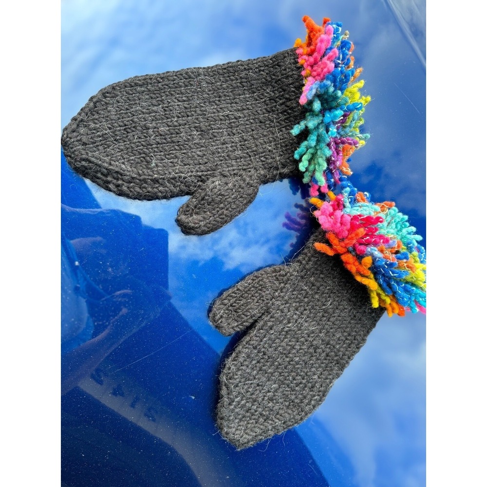 Hand Knit Wool Mittens Charcoal Grey with Rainbow Loop Fringe Trim Boho Winter